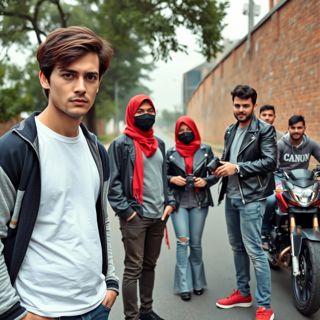 Jamie Dornan and Freddie Prinze, head and body shot, handsome, young, serious face, dark brown hair, white t-shirt, college jacket, skinny jeans, sneakers, standing, discussing with two guys and a short, slim Muslim girl in a red hijab, beautiful eyes, black face mask, black leather jacket, grey long t-shirt, bell-bottom jeans, red sneakers, holding a Canon DSLR camera, near a town road, superbike, hyper-realistic, street photography, brick wall, full body photo, five other randomly smiling friends in the back.