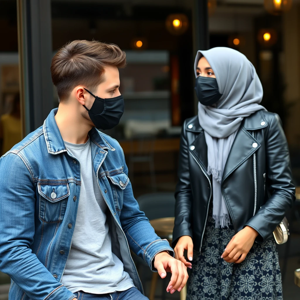 Jamie Dornan's head and body shot, handsome, black face mask, blue denim jacket, jeans, dating a Muslim girl in a grey hijab, beautiful eyes, black face mask, black leather jacket, largest patterned skirt, talking at a café, photorealistic.