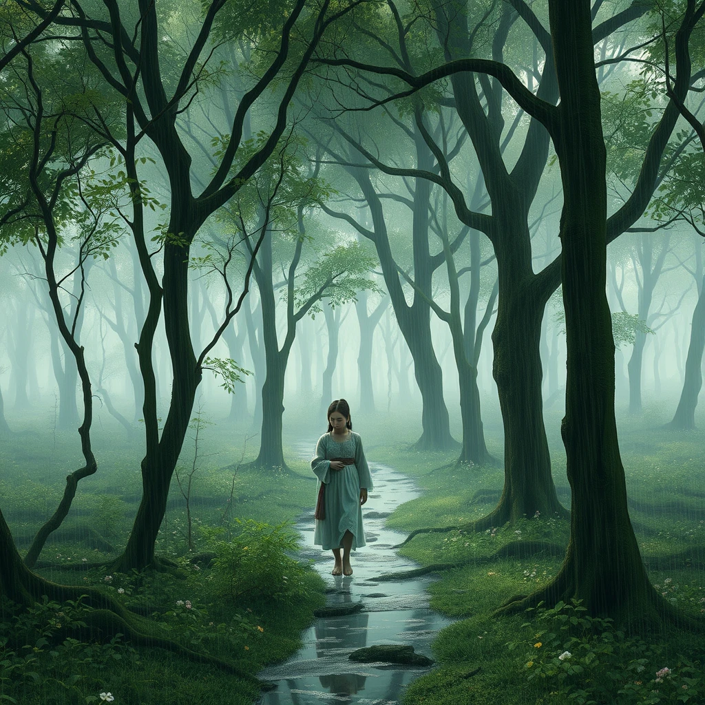 an ancient chinese girl walking into wet forest - Image