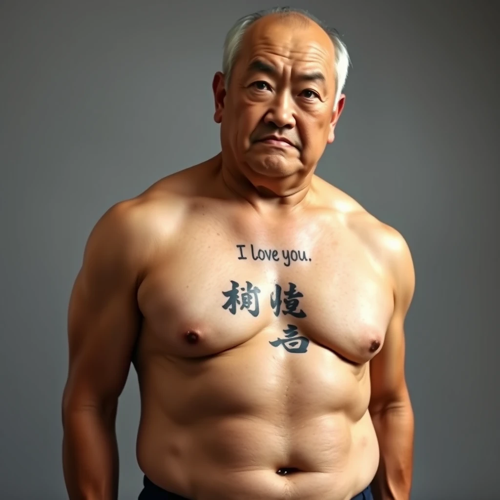 A portrait of a muscular, stocky Japanese middle-aged man, with a tattoo on his belly displaying the Chinese characters: "I love you." - Image