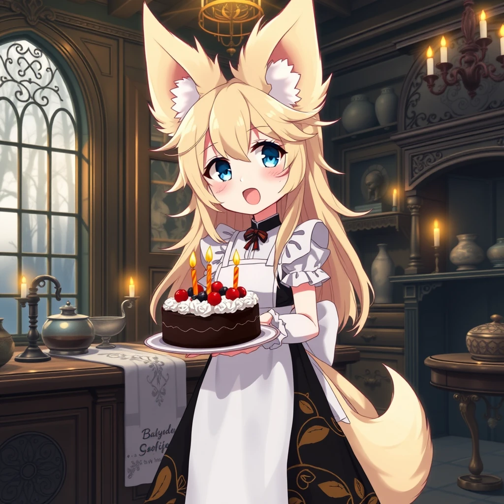 Cute anime girl with massive fluffy fennec ears and a big fluffy tail, blonde messy long hair, blue eyes, wearing a maid outfit with a long black gold leaf pattern dress and a white apron, mouth open, holding a fancy black forest cake with candles on top in the kitchen of an old dark Victorian mansion lit by candlelight, with a bright window to the foggy forest and very expensive stuff everywhere.