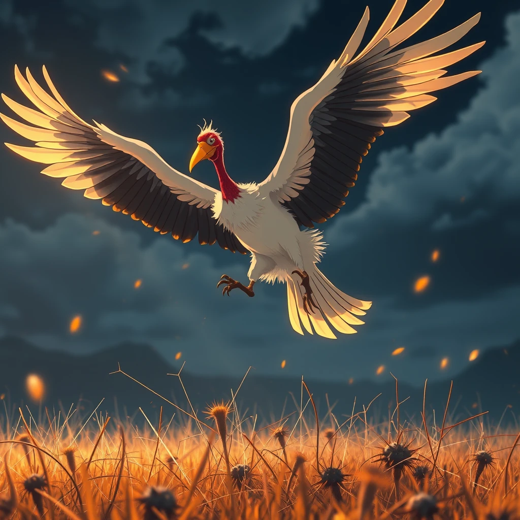 a humorous scene of a big bird, the subject Big Peng, style anime, action/jumping high in the air but only few zhang high before falling back down, flying around in a thorny field, filters long exposure and 8k resolution, ((masterpiece)) - Image