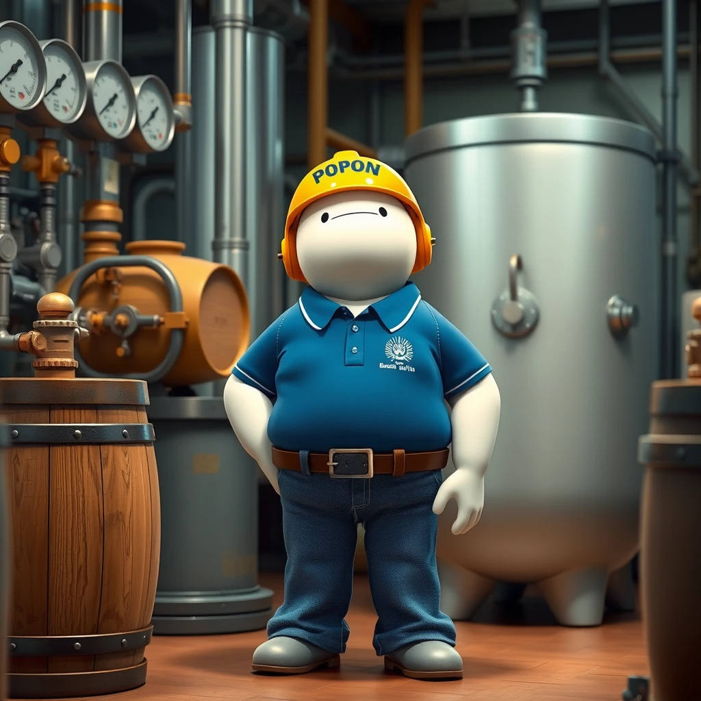 "Baymax in a beer bottling plant surrounded by machinery, a barrel, gauges, wearing a blue polo shirt, the logo of the international company Bureau Veritas, blue jeans, and a yellow helmet that has the word POPON written on it, with a caption below in beautiful letters."