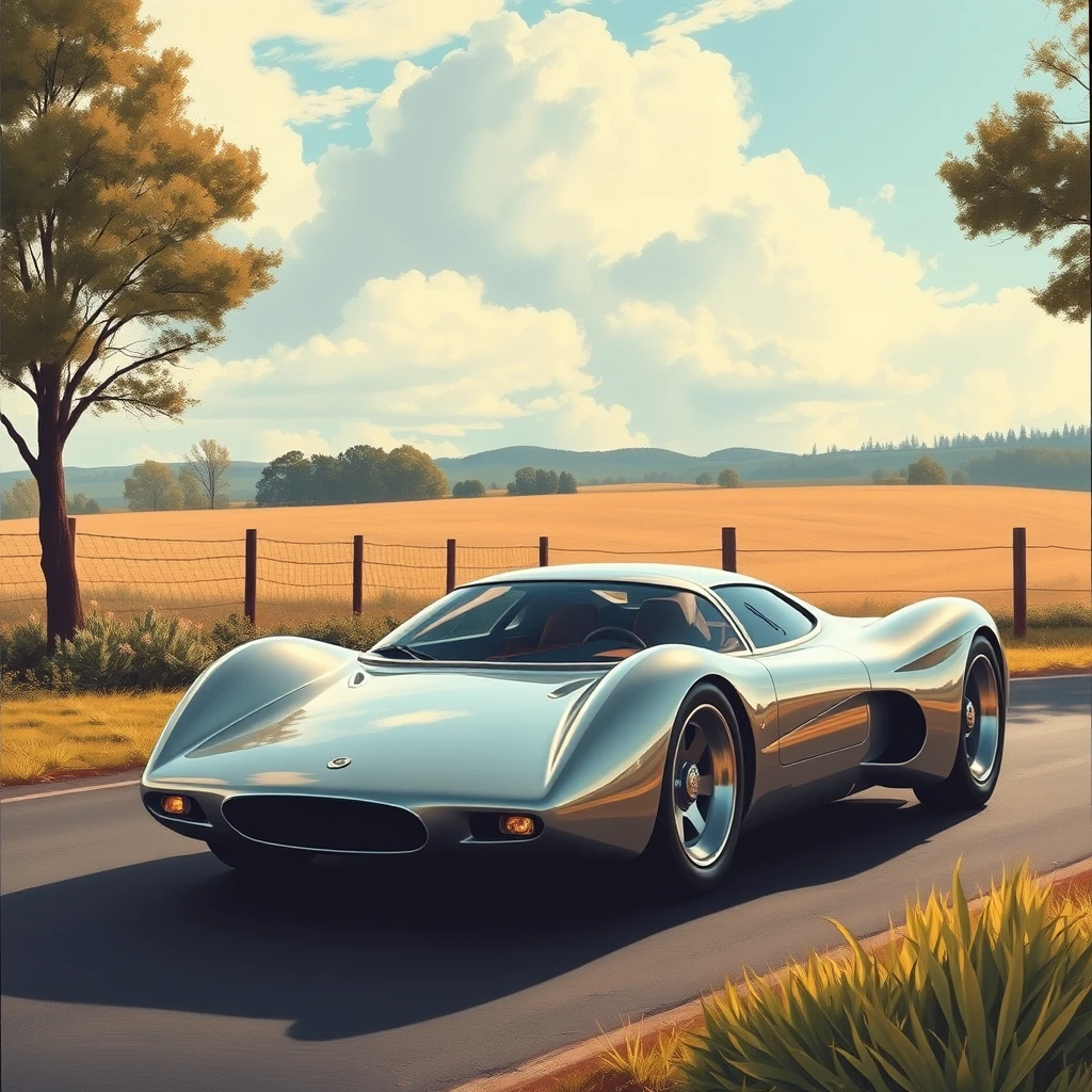 Corner view, a retro-futuristic sports car concept, a painting by Syd Mead, sleek, country setting.