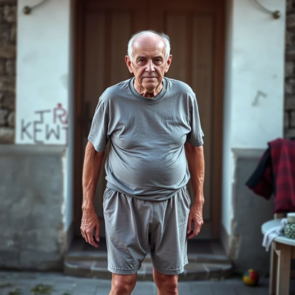 Elderly man aged 80 wearing a t-shirt and tight shorts.