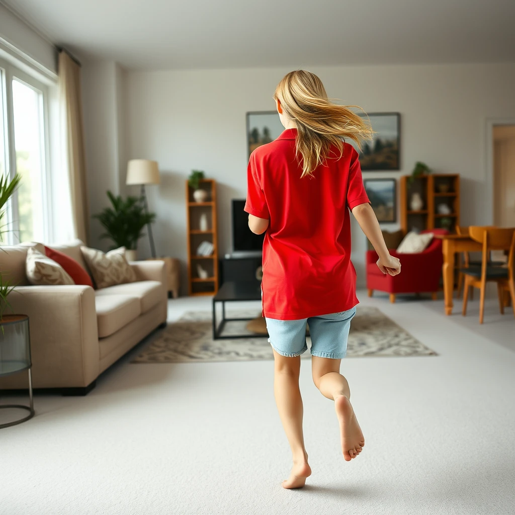 Side view of a young blonde skinny woman who lives alone in her massive living room, wearing a big red short sleeve polo shirt that looks a bit off balance on one of her shoulders. She is also wearing light blue cotton non-denim shorts and has no shoes or socks on. She is facing the camera while getting off her chair and running toward the camera. - Image