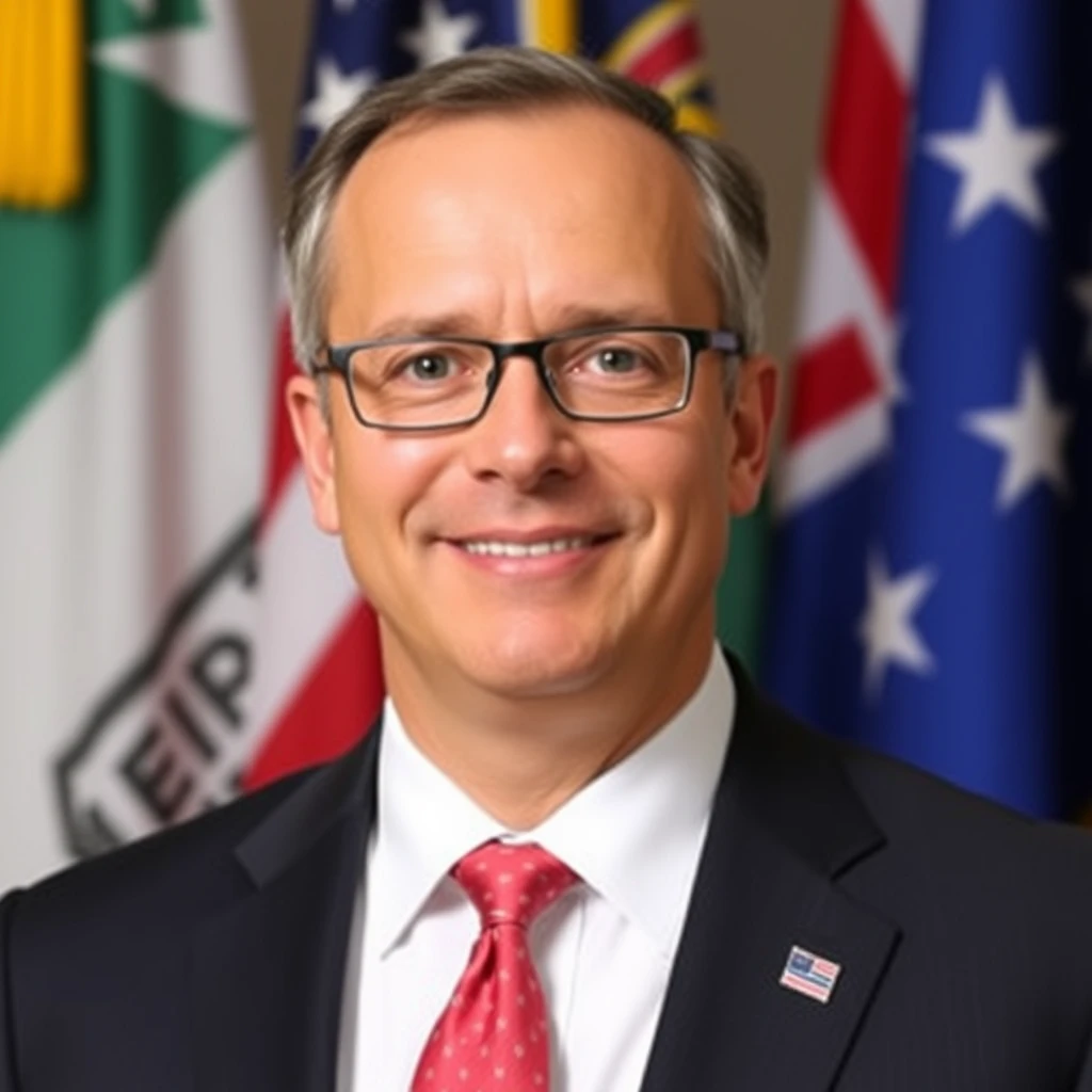 Professional government headshot with flags in the background.