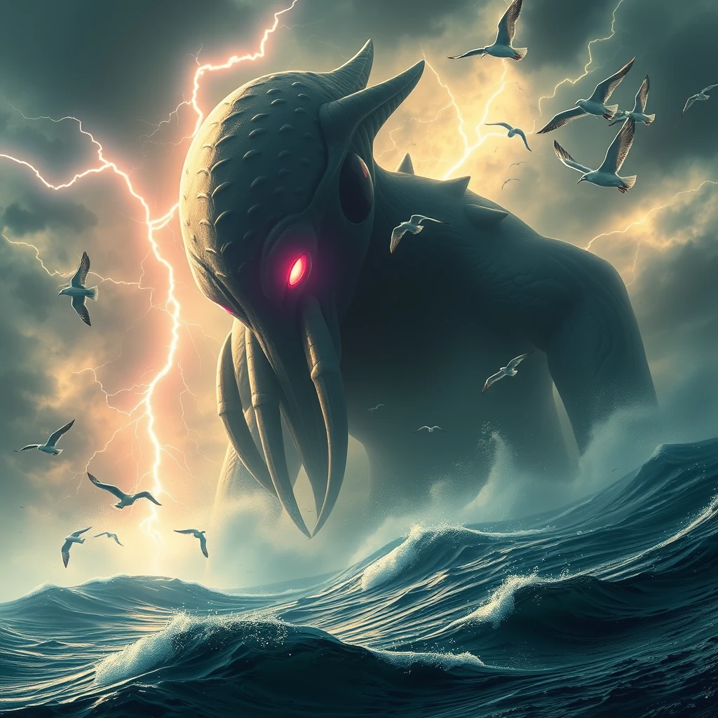 "Storm, ocean, lightning, seagulls, a huge Cthulhu and Ultraman are fighting, cool tones, realistic high definition." - Image