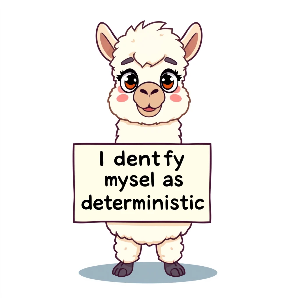 Cartoon llama holding a placard that says 'I identify myself as deterministic', digital art style, vibrant colors, humorous expression, white fluffy llama with big eyes, placard held by hooves, clean lines, playful design, against a simple background.