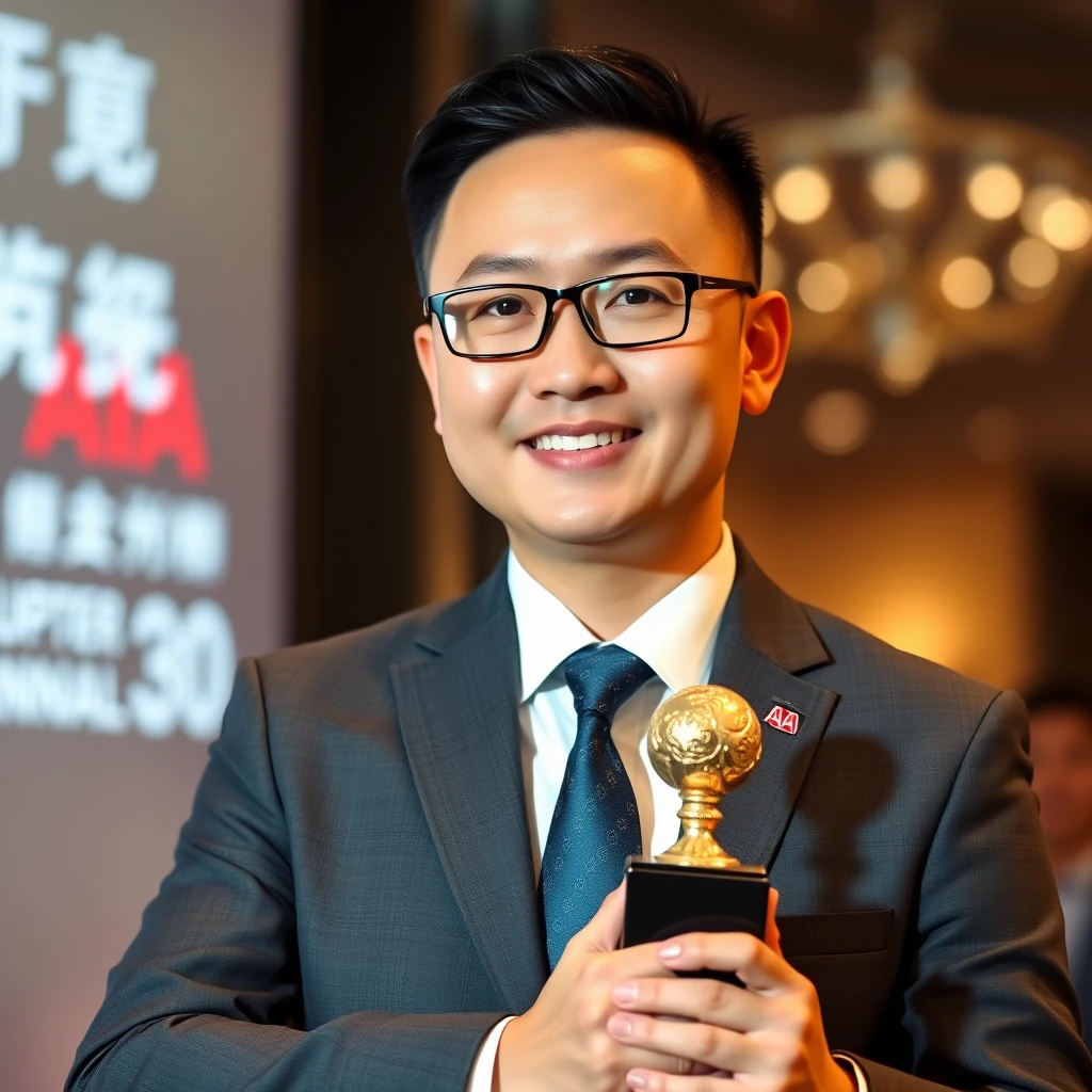 Generate a realistic photo of a Chinese male insurance agent from AIA. Having perfect eyesight. 35 years old posing for his full body portrait photo in 2023 annual award presentation night receiving his MDRT recognition. - Image