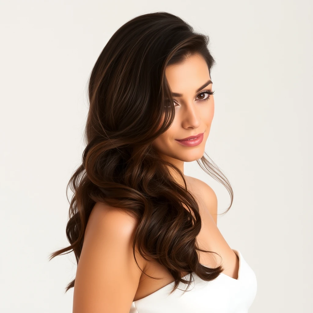 The image features a woman with her hair styled in loose waves, wearing a strapless white dress against a neutral background.