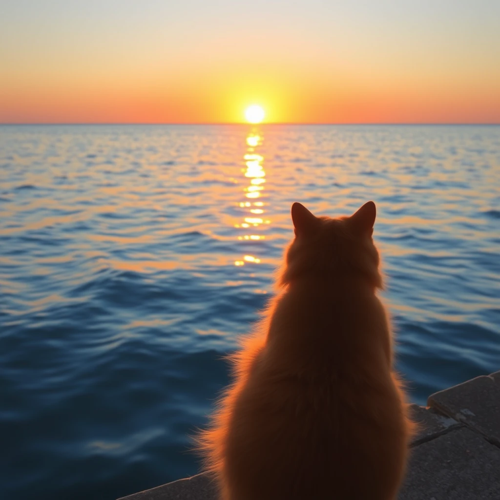 "By the blue sea, there is an orange cat watching the sunrise."