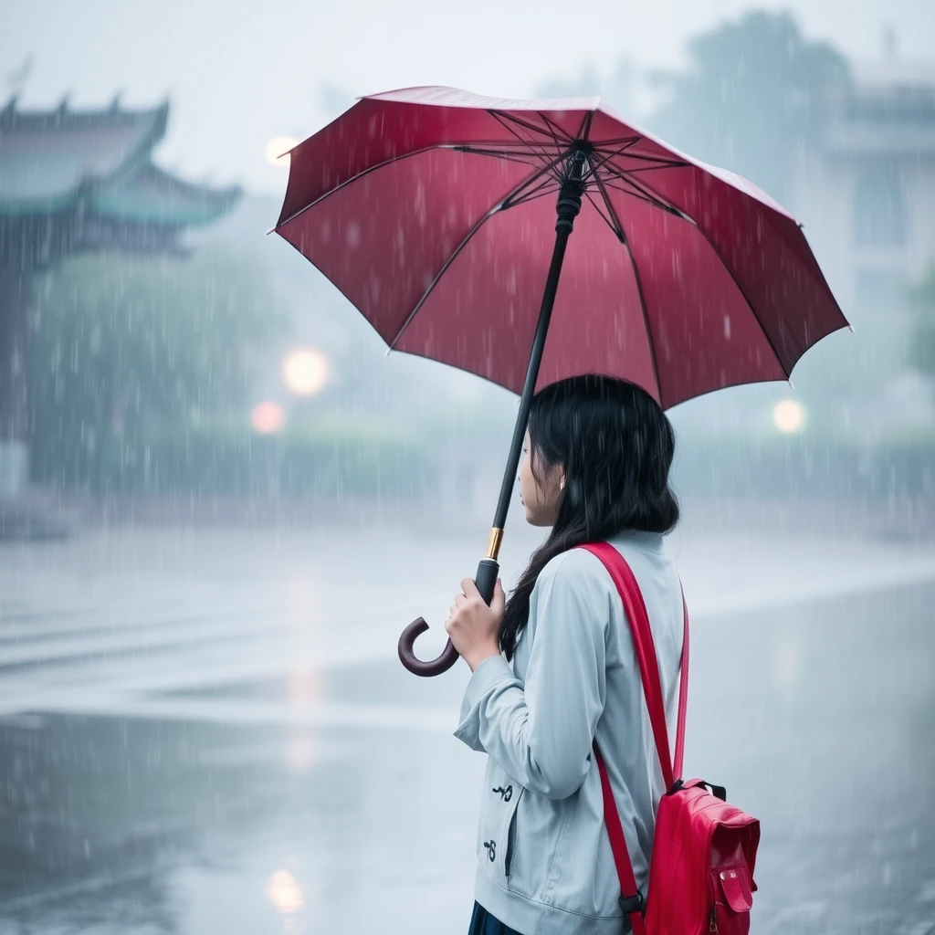 A girl in the misty rain of Jiangnan holding an umbrella. - Image