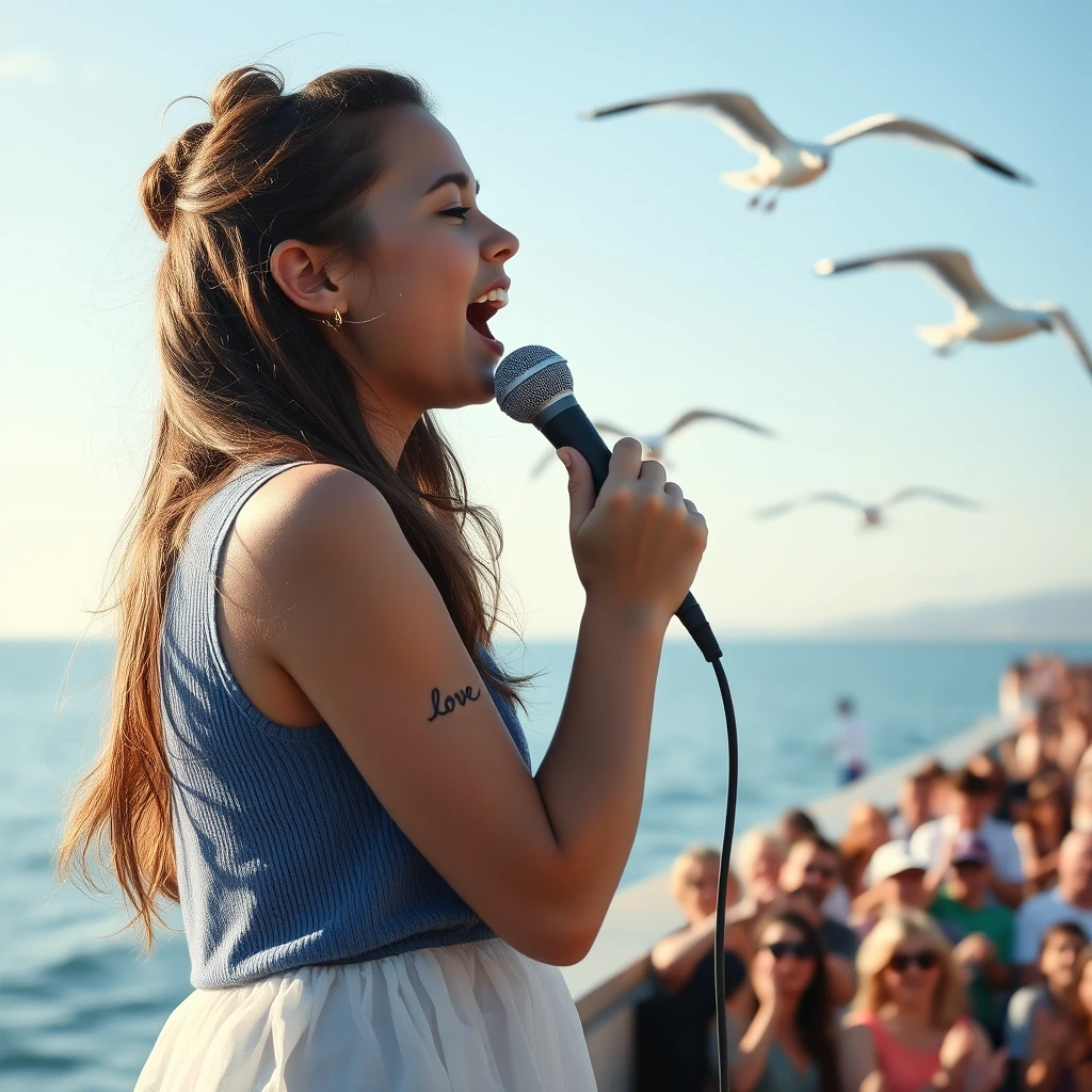 A girl singing by the seaside, with a tattoo of "love" on her arm, seagulls flying over the sea, and a crowd applauding in the bottom right corner, photographed in real life.