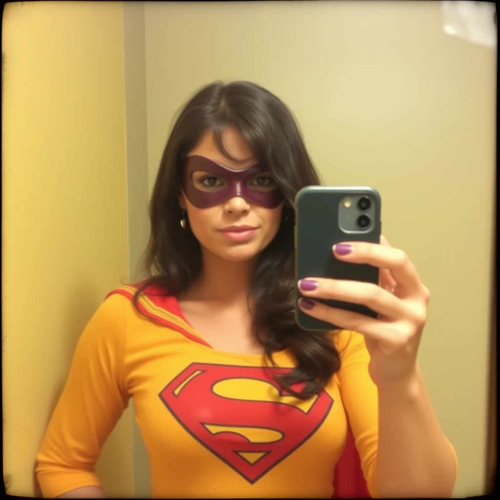 Phone photo: A woman superhero stands in front of a mirror capturing a selfie. The image quality is grainy, with a slight blur softening the details. Her expression is blushing while the old iPhone struggles to focus, giving the photo an authentic, unpolished feel. The mirror shows smudges and fingerprints, adding to the raw, everyday atmosphere of the scene.