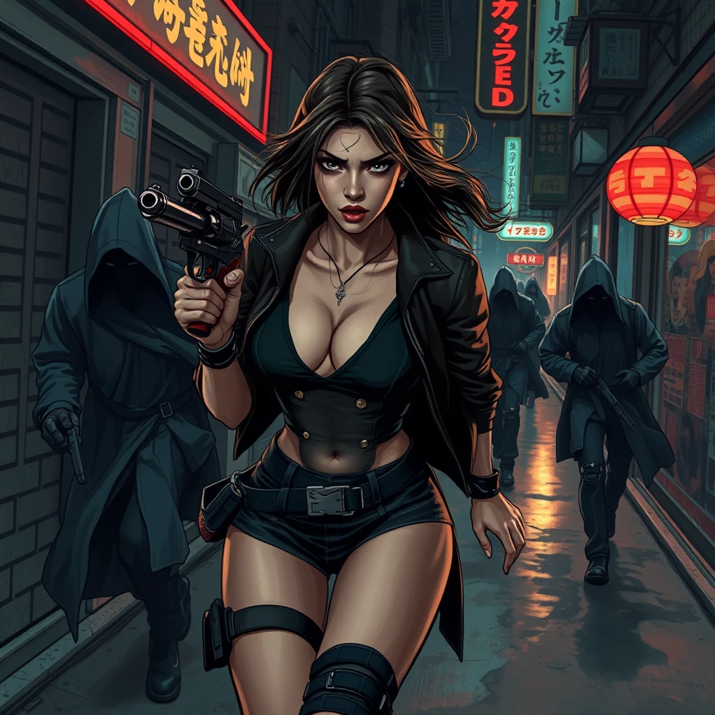 sexy alluring cyberpunk female running down a dark dystopian urban alleyway being chased by cyberpunk assassins in hooded cloaks, holding a revolver pistol in her left hand, cybernetic implants, grunge graffiti art style, street fighter style, japanese shop signs, neon lights with realistic lighting, dark and gloomy, comic book art style with rough lines, realistic lighting, realistic reflections, high quality, 8k, close up over the shoulder camera shot, realistic hands.