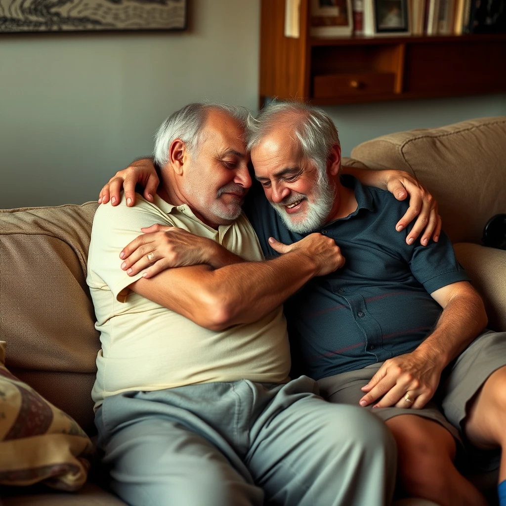 Old men hugging on the couch tanning.