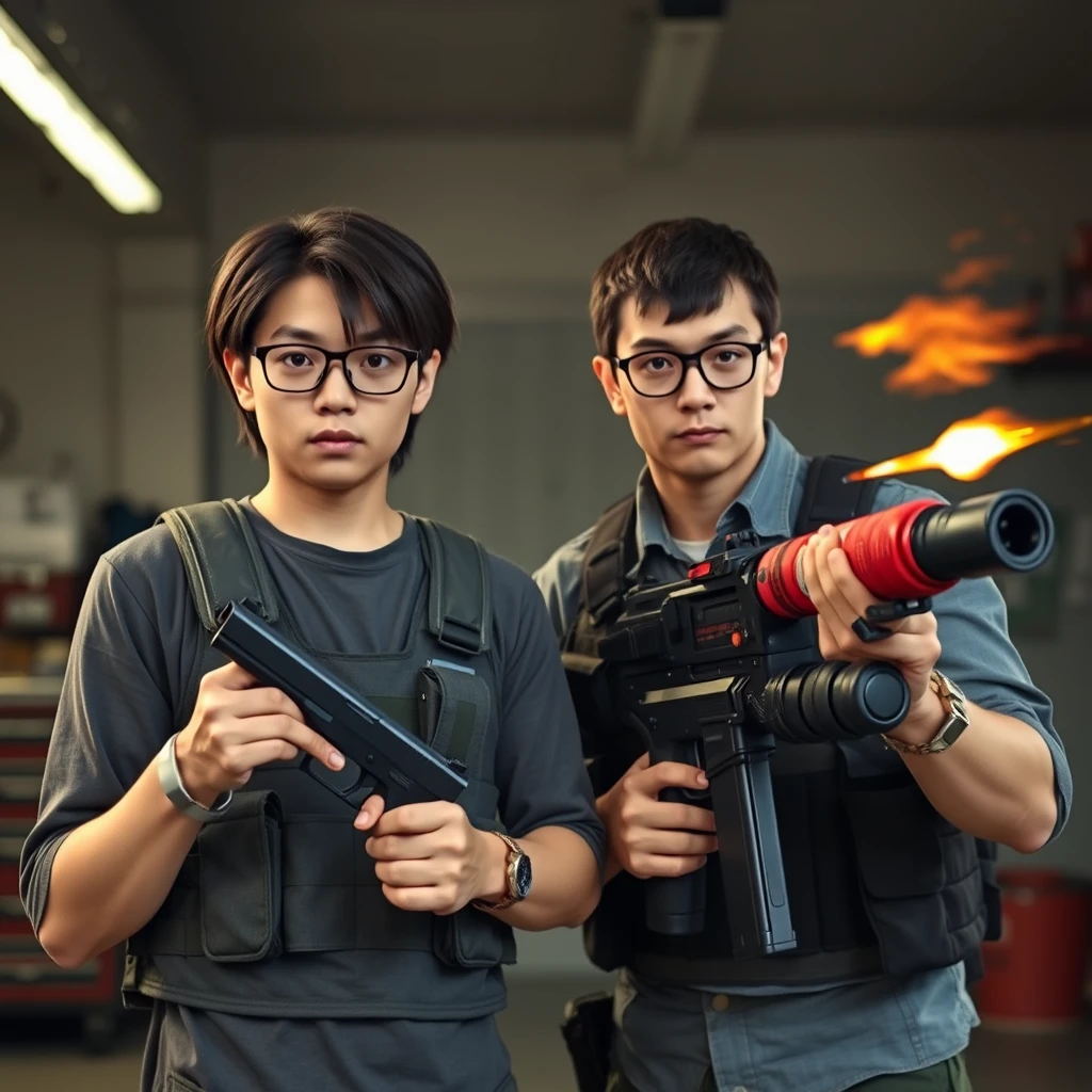 21-year-old white thin long-faced young adult northern Chinese man with a square chin, wearing square glasses, holding a pistol, "medium/long length hair"; 21-year-old Caucasian Italian man wearing round glasses and short hair holding a very large fire extinguisher flamethrower; garage setting; both angry, tactical vests.