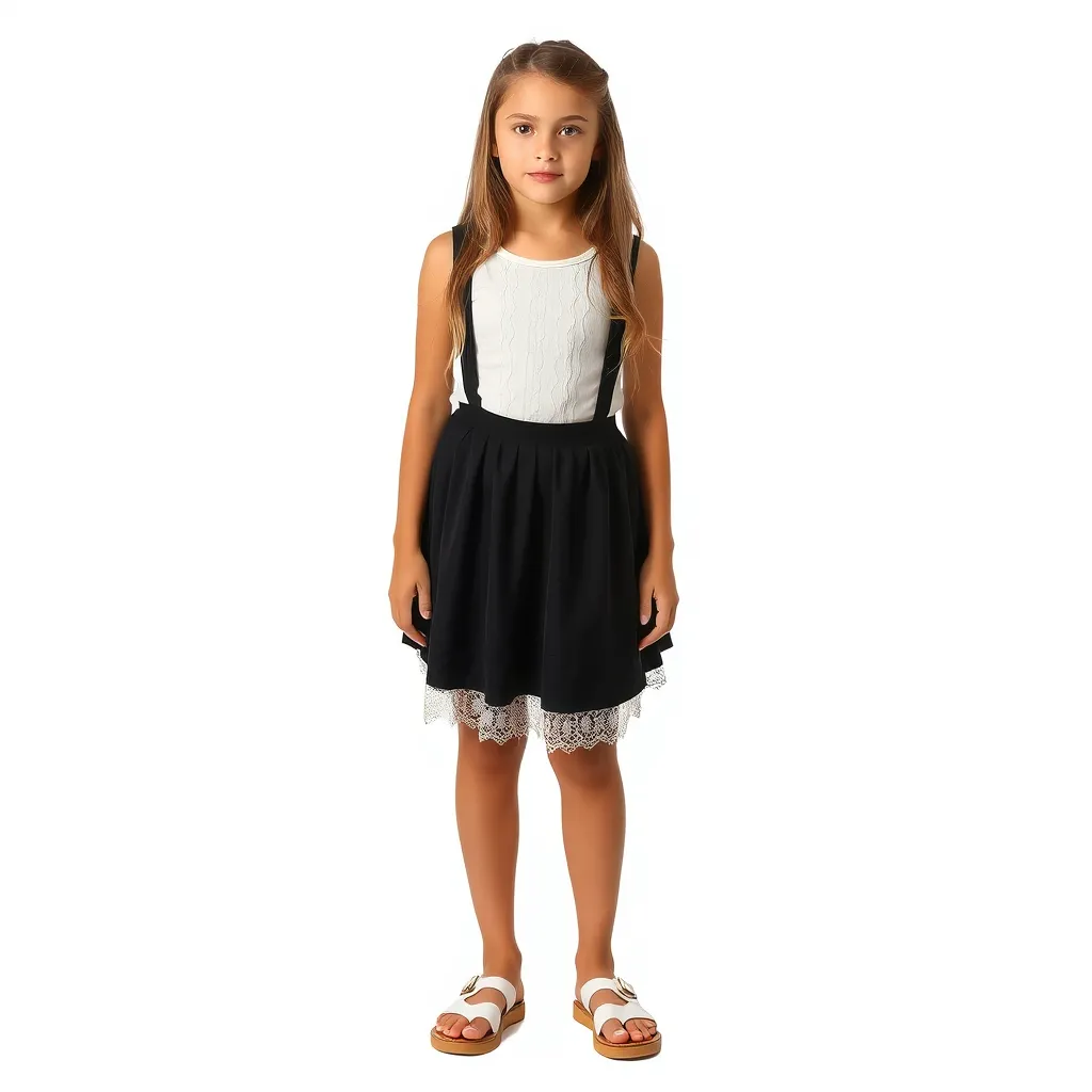 "Create a photo of a 16-year-old girl wearing a black skirt and white sandals from Froddo. The background is white, no text. The person is fully visible and seen from the front."