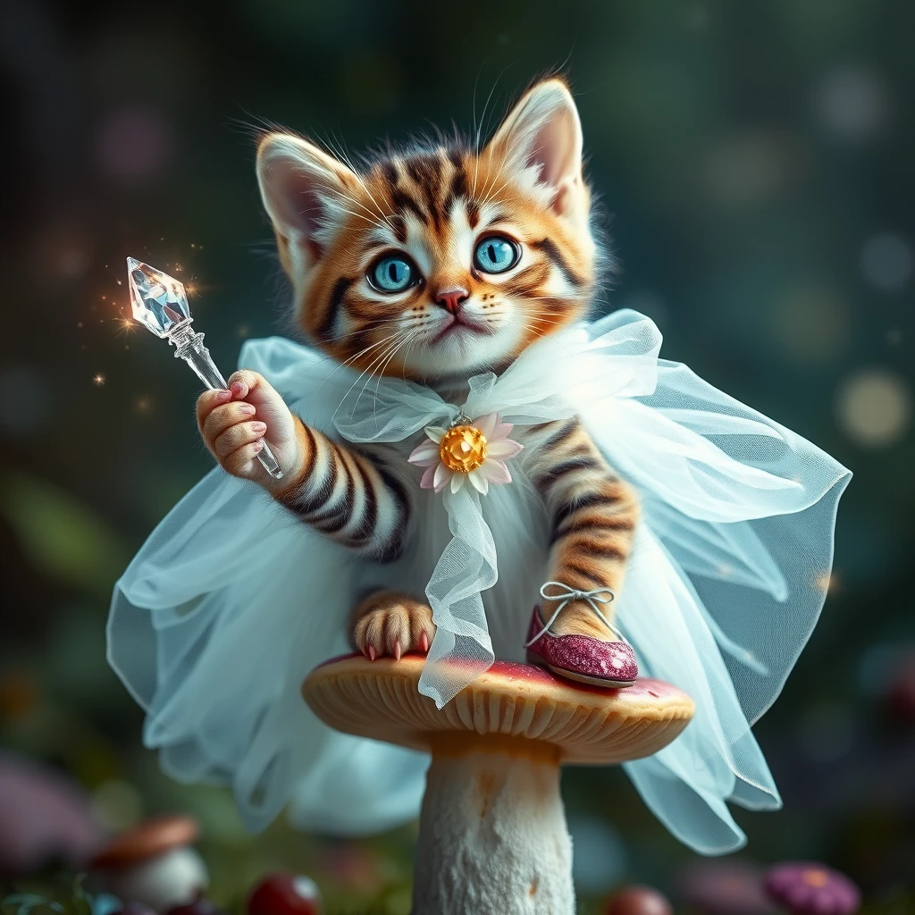 A mischievous tabby kitten, eyes sparkling with magic, dons a shimmering gossamer gown and crystal wand. Perched atop a toadstool, its tiny paws adorned with glistening ruby slippers. Hyper-realistic fur textures and ethereal fairy dust illuminate the enchanted forest backdrop. Cinderella-inspired whimsy meets feline charm.