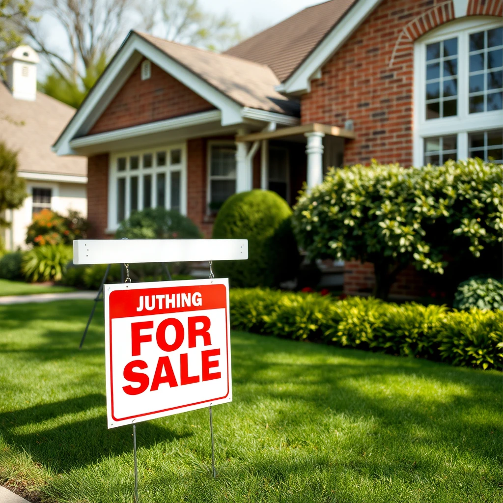 For sale sign outside a brick bungalow with a nicely manicured lawn.