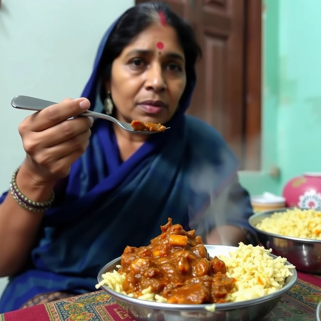 An Indian woman eating rajma chawal taken from a low-quality camera.