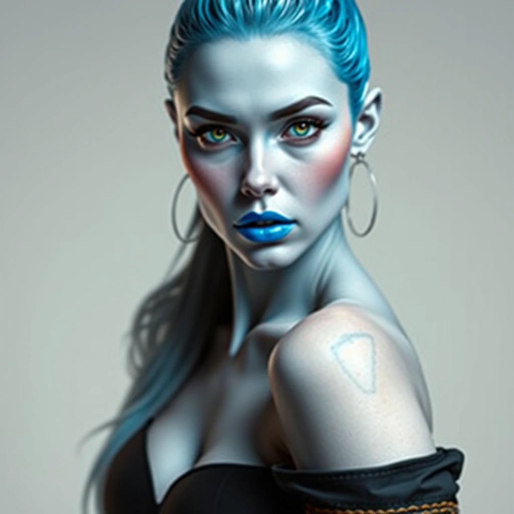 A beautiful woman with blue skin wearing sci-fi clothing, looking seductively at the camera. - Image