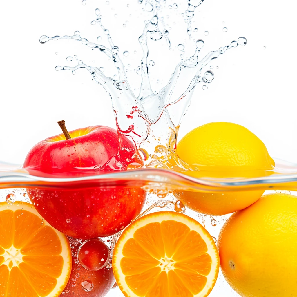 fresh oranges, red apples, and bright yellow lemons  
juicy and ripe, sliced open  
splash of water