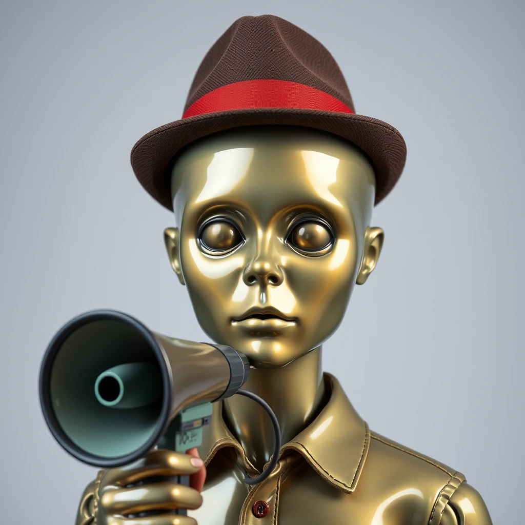 A scary reflective-skinned doll face with an oil slick color mannequin with a smooth bulbous head carrying no facial features, wearing a fedora and holding a fake megaphone. - Image