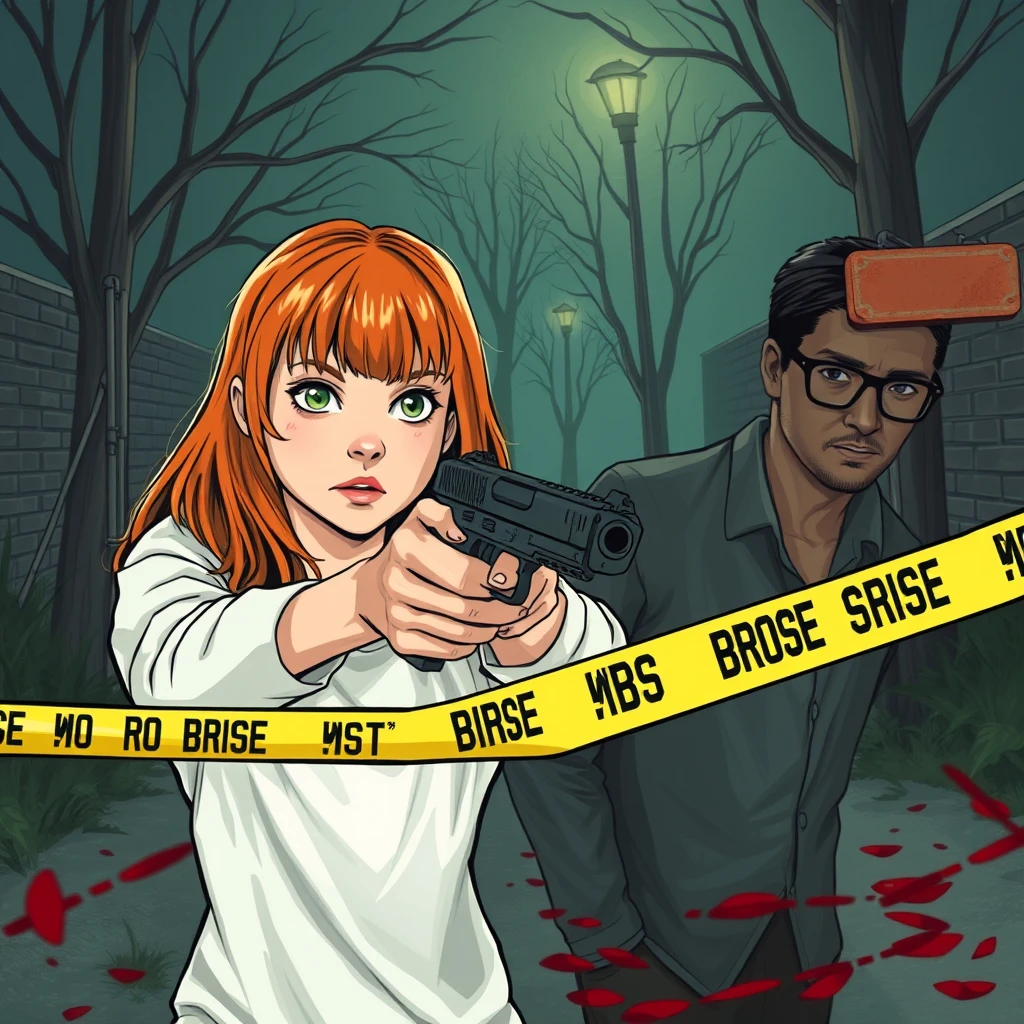 A murder scene; a short, skinny teenage girl with long ginger hair and bangs, green eyes, shooting and killing a young skinny and tall Italian man who wears glasses. - Image