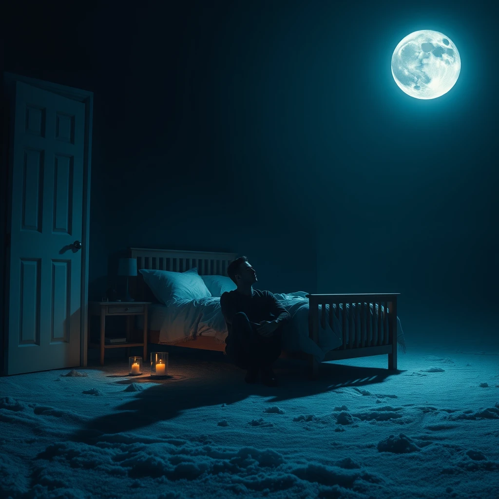 One night, a man sat by his bed at home, with the moonlight streaming into the room. The moon was particularly bright that night, casting a glow that looked like a layer of white frost on the ground. The room was incredibly quiet, with only the moonlight shimmering. - Image