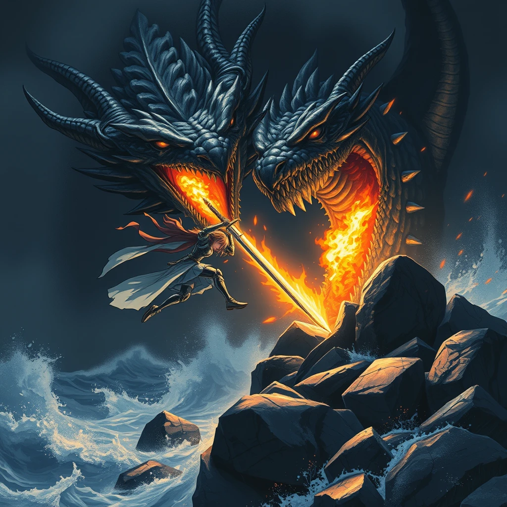 A female anime knight in shining armor, facing a fearsome dragon. The knight is jumping towards the dragon, which opens its mouth, revealing sharp teeth. Fire erupts from the dragon's mouth, creating an epic battle scene with a burning sword. This dark fantasy features detailed armor and scales, with dramatic lighting that barely illuminates the surroundings. The atmosphere is heavy with tension, as the sea crashes violently against the rocks. The creature's immense size dwarfs the solitary human, presenting a lone figure against the ancient, otherworldly beast. The color palette is dark, filled with deep blacks and greys, and features high contrast, creating a dramatic atmosphere in an anime style. - Image