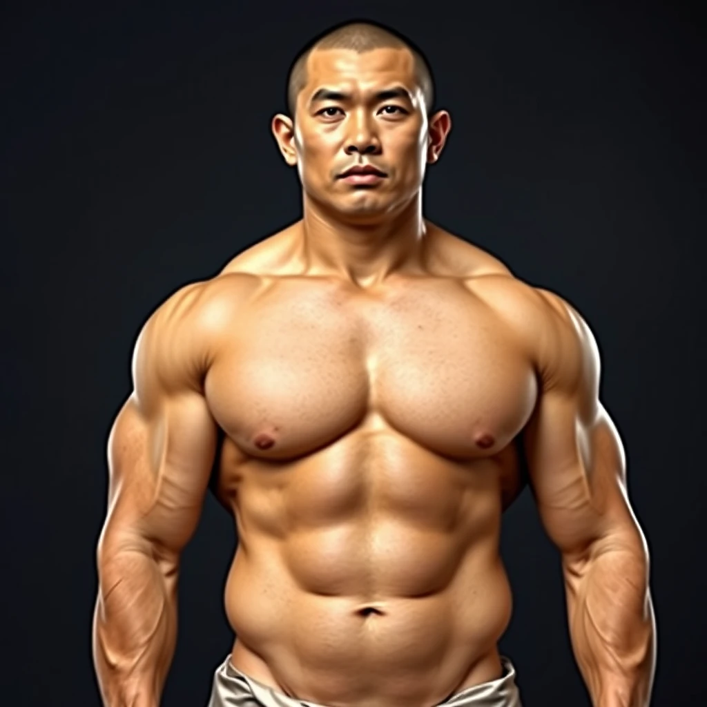 A full body portrait of a muscular, beefy Asian male. He is wearing a thin silk t-shirt, through which his skin is visible. He has high body fat, a buzz cut, in 4k, detail, HD, realistic, masterpiece.