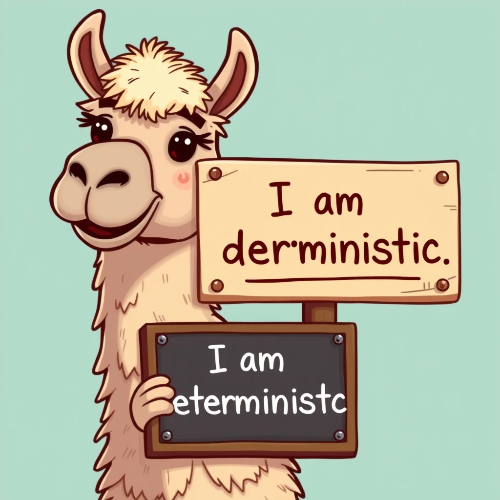 A cartoon llama with a sign board that reads "I am deterministic." - Image