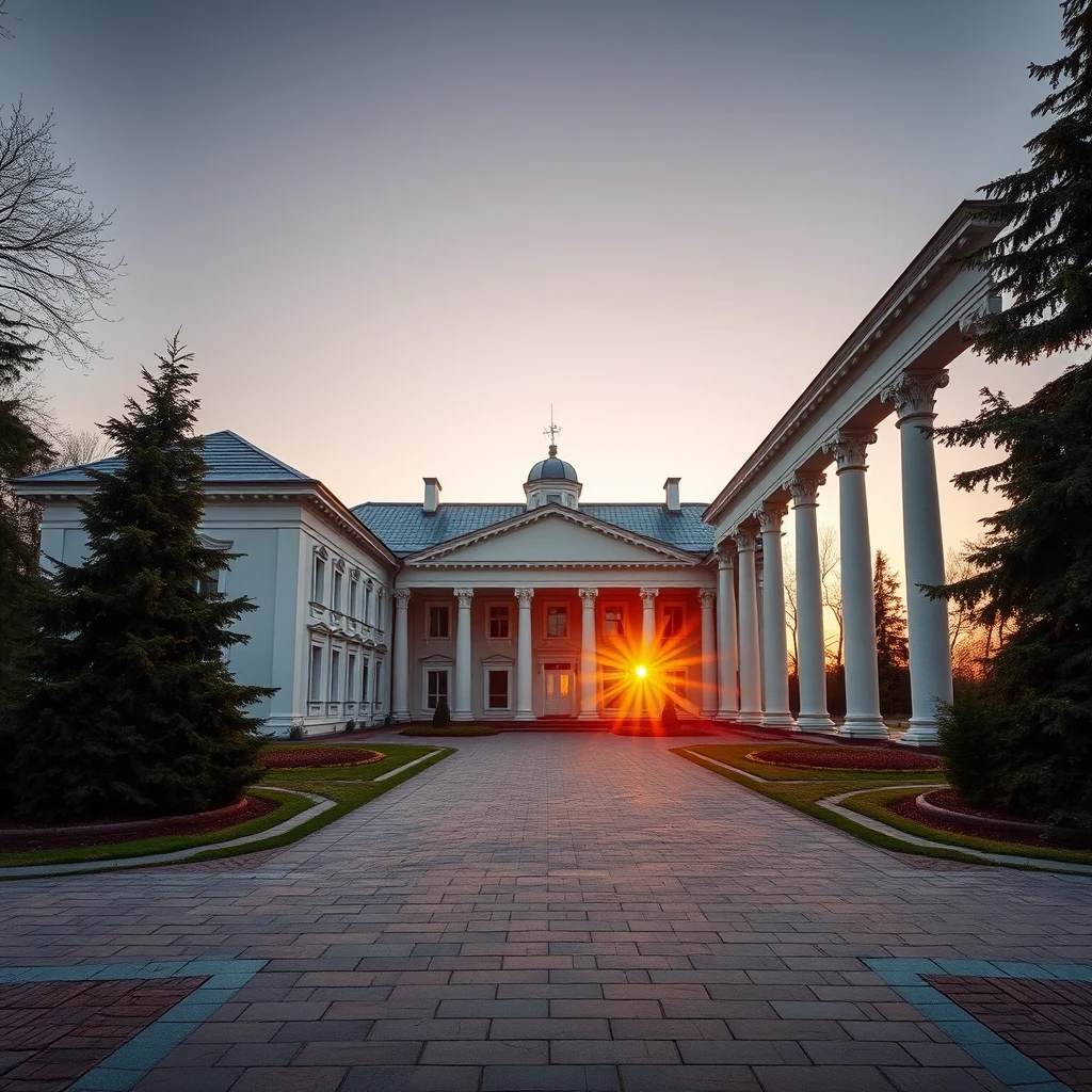 A beautiful 19th century Russian country house in Empire style with columns at sunset.