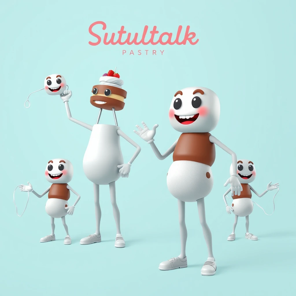 Create a realistic 3D mascot for a pastry cafe called Soultalk Pastry. Having body parts that resemble a cake. Posing in 5 different positions. - Image