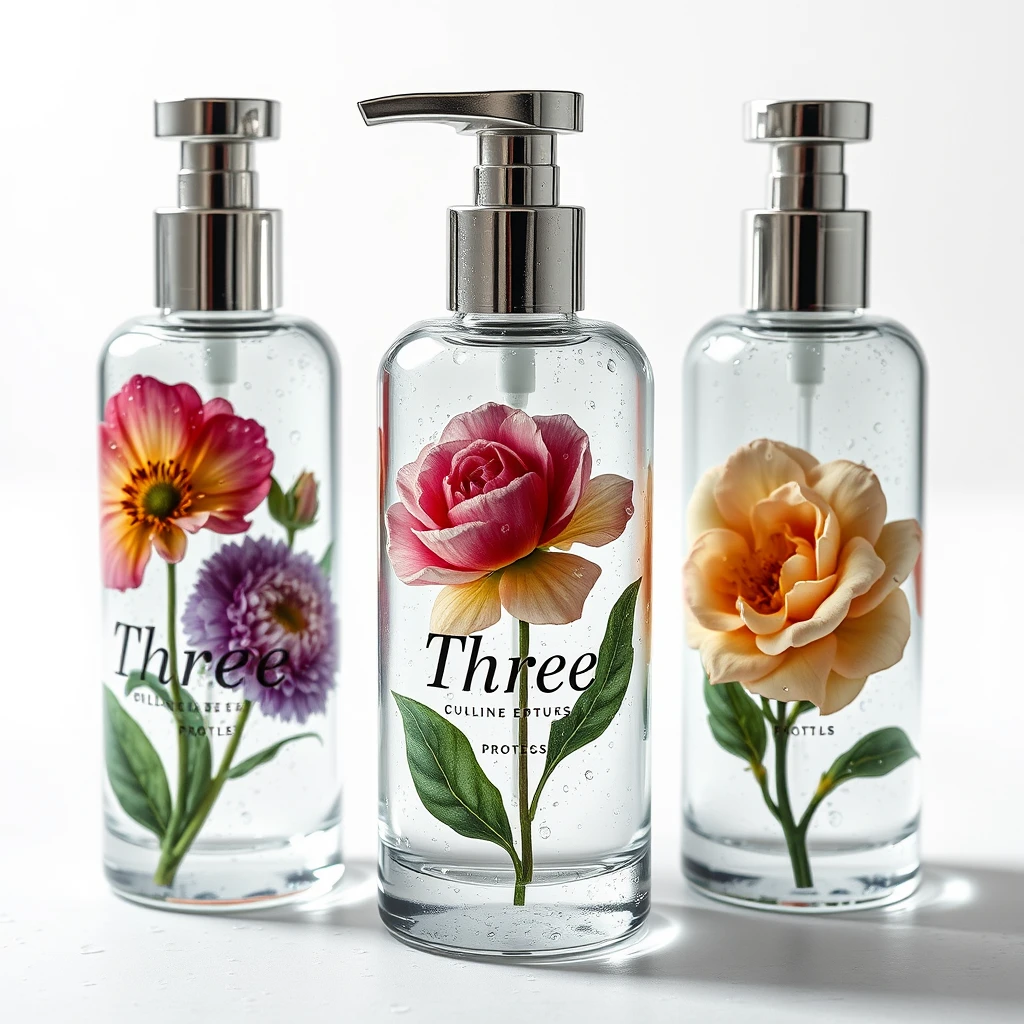 Realistic photography, limited edition glass cosmetic bottles from Paris, with "Three" and representative floral images printed on the glass bottles, set against a white background. The surface of the bottle is adorned with dew, featuring epic visual effects and exquisite printing techniques, intricate details, and rich details.