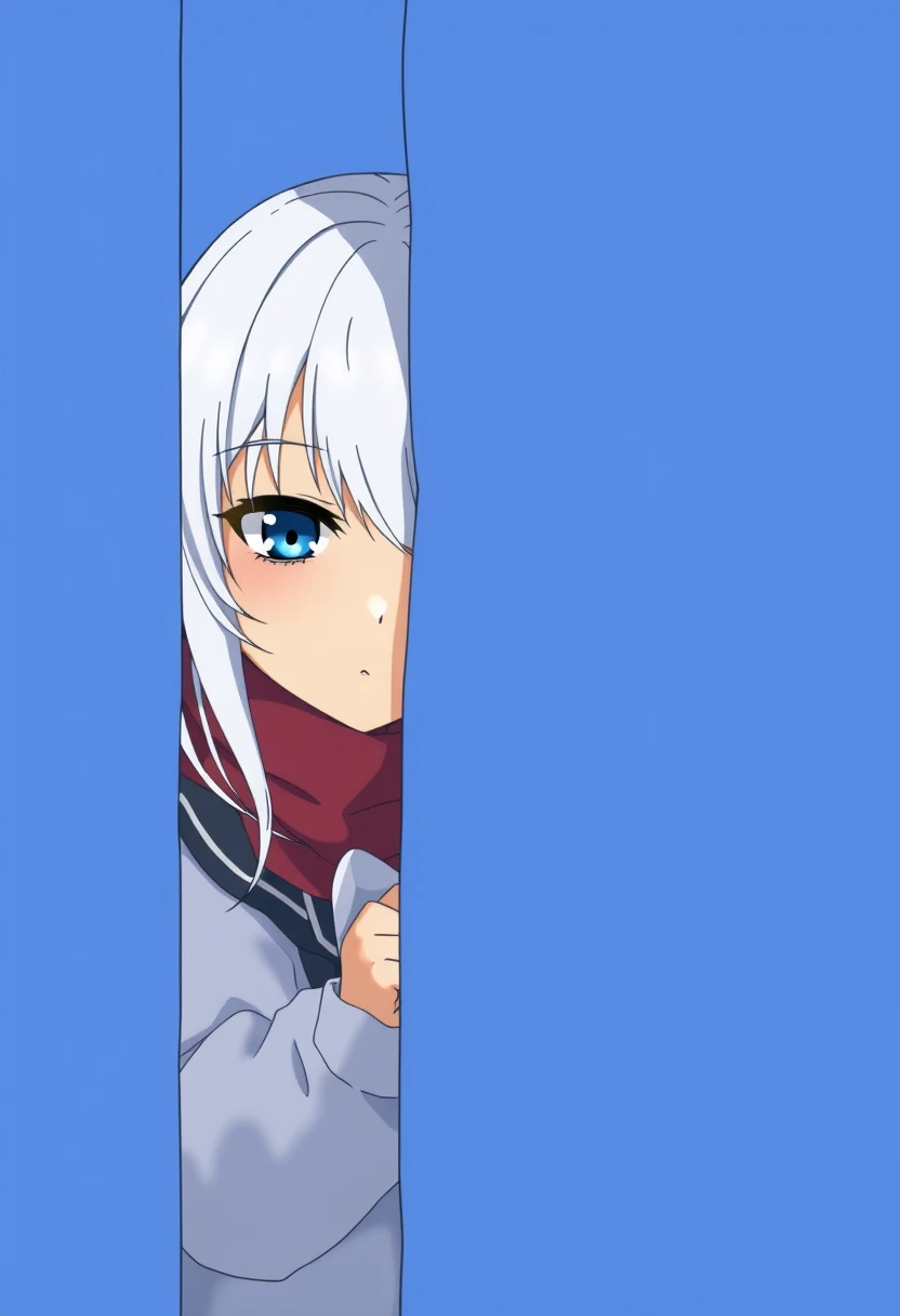 Japan anime girl with white hair, hiding behind the wall, secretly observing people, with a shy expression, solid color background, blue background.