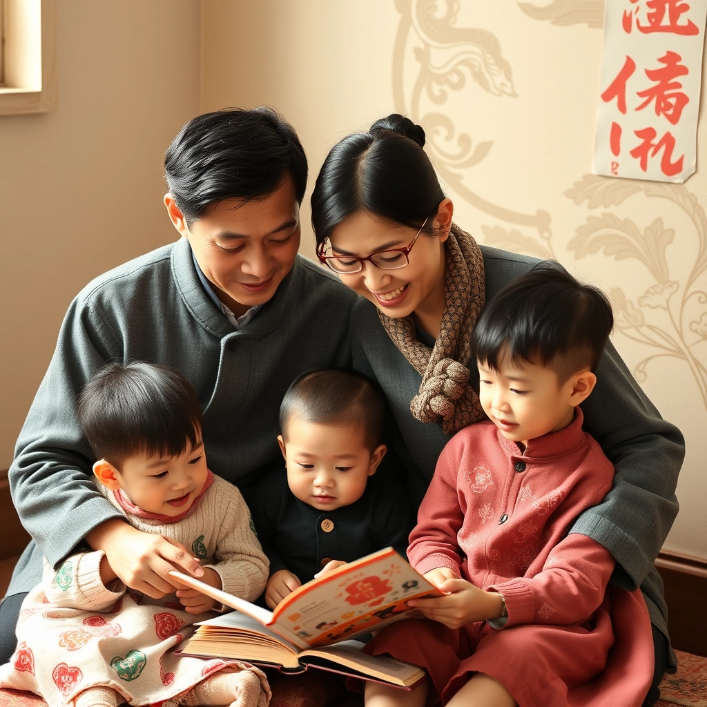 Chinese parents reading with their children - Image