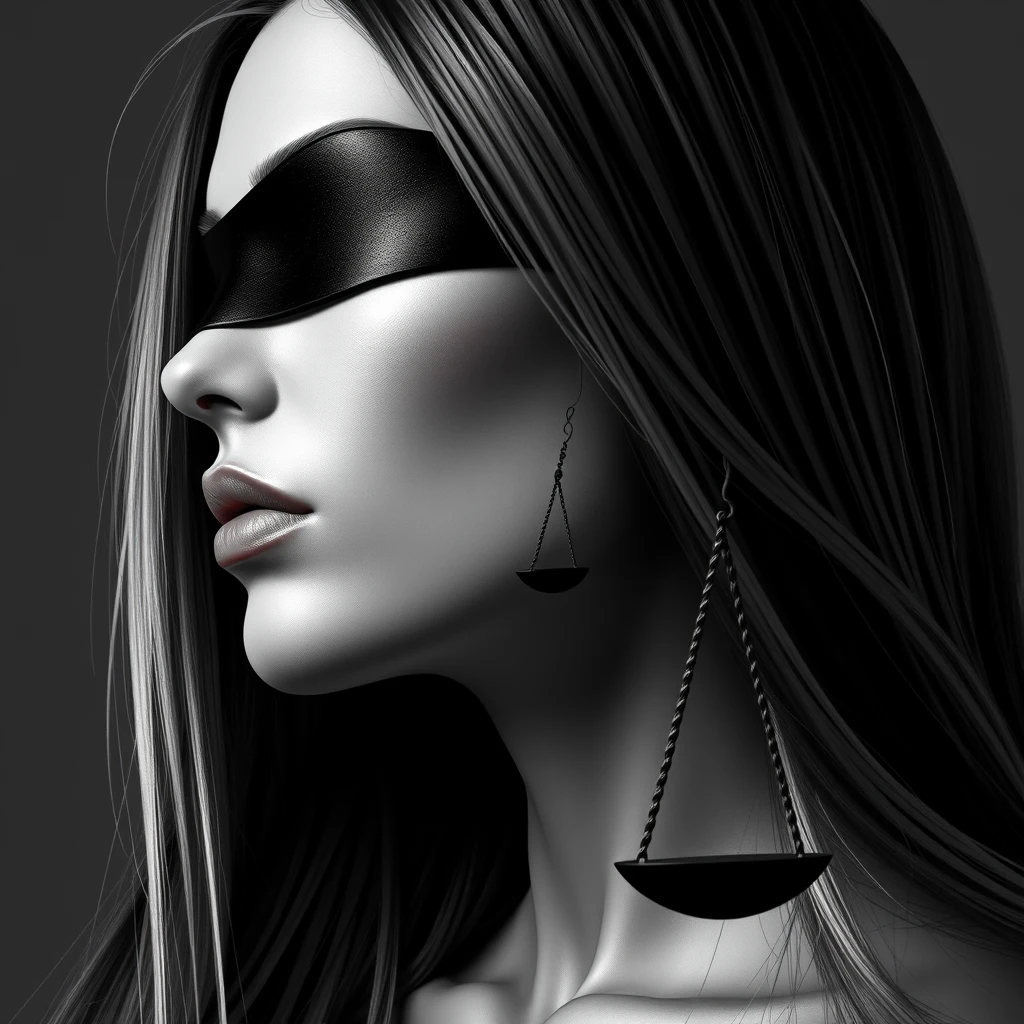 Blind Justice female face, side face, Straight hair, black and white color - Image