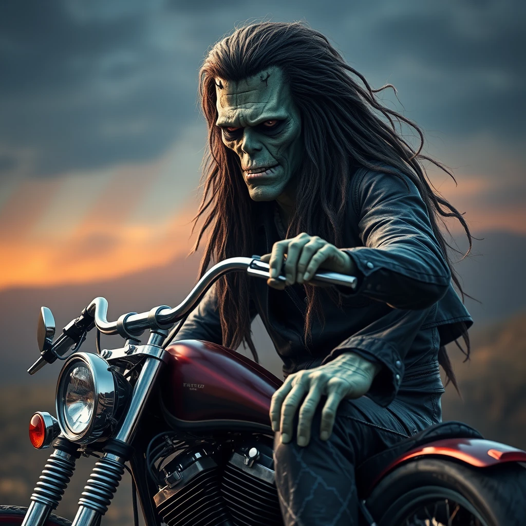 Frankenstein with long hair on his Harley chopper, photo-realistic, 4k. - Image