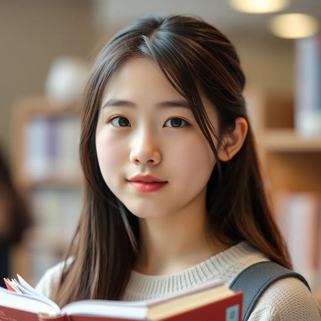 A girl, pretty beautiful, oval face, Chinese person, 18 years old, high school student, looking for books.