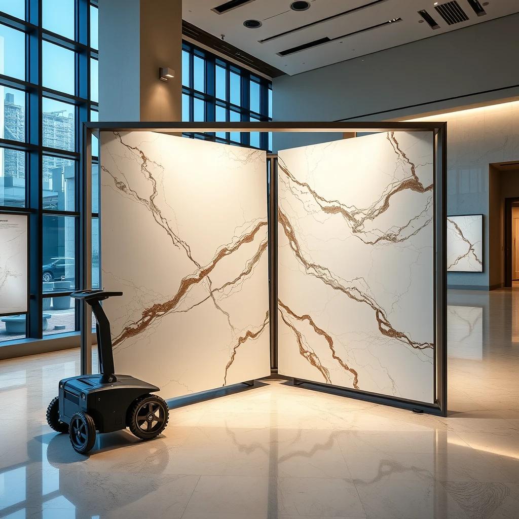 Smart, stylish automated display system that can hold large 4 meter sized, polished marble panels such that the marble panels can be carried on AGVs, plus oriented vertically or horizontally, in book match format, for best viewing experience. - Image