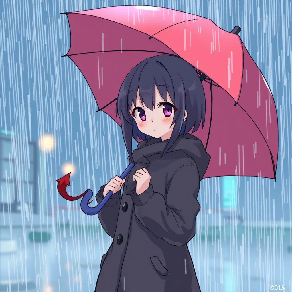 Anime character, holding an umbrella in the rain, temperature 9 degrees. - Image