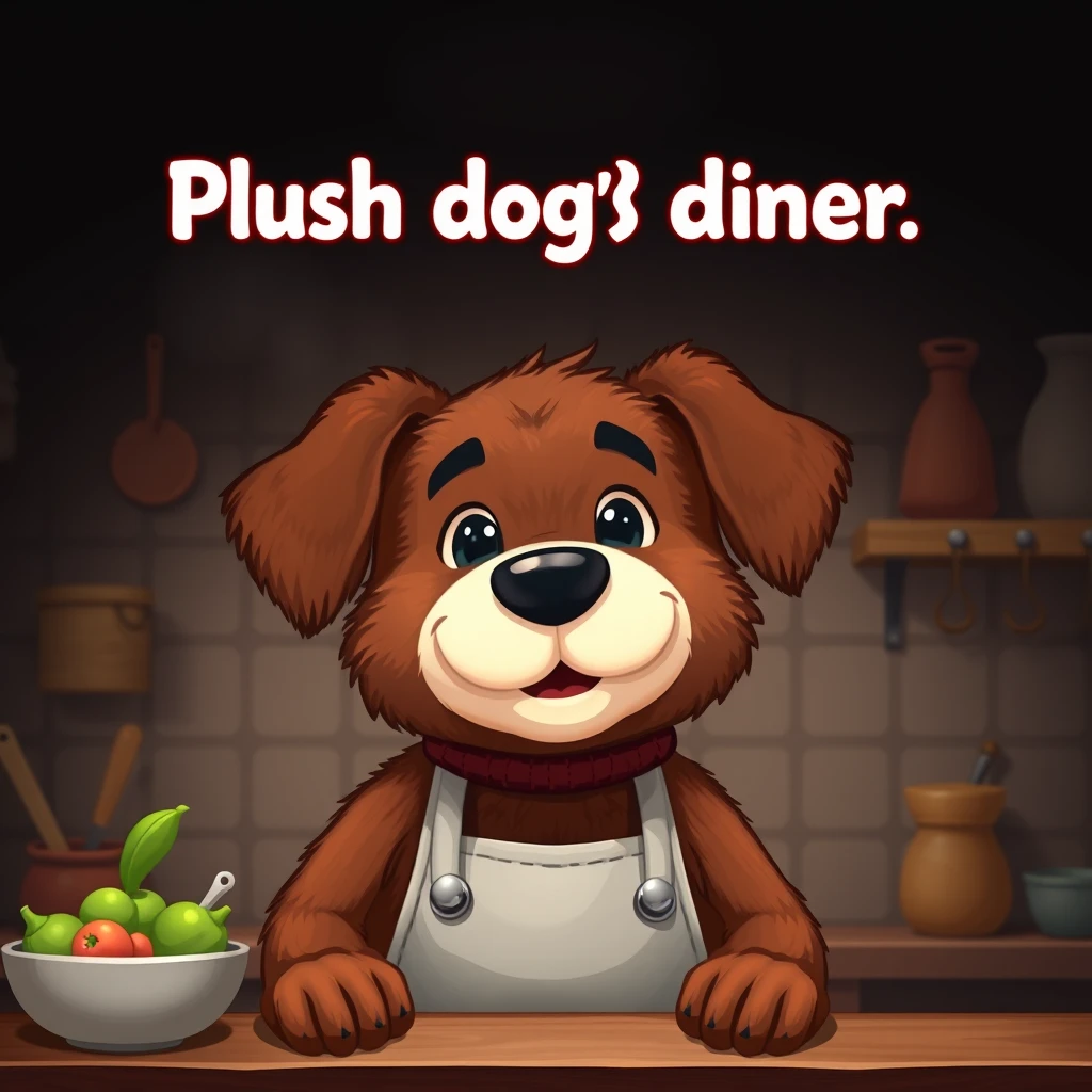 A title screen for a cartoony but photorealistic game about a cute dog chef who works in a kitchen, the dog should be all brown and made of fuzzy fur. The text above the dog should say "Plush dog's diner". The title screen should be quite dark. The dog should not have any white in his face, only brown. The dog should have dark brown ears.