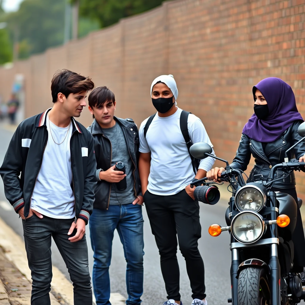 Jamie Dornan and Freddie Prinze, head and body shot, handsome, young, serious face, dark brown hair, white T-shirt, collage jacket, skinny jeans, sneakers, standing, discussing with two guys and a Muslim girl wearing a short purple hijab, beautiful eyes, face mask black, black leather jacket, biggest black leather skirt, holding a Canon DSLR camera, near a town road, superbike, hyper-realistic, street photography, brick wall, full body photo.