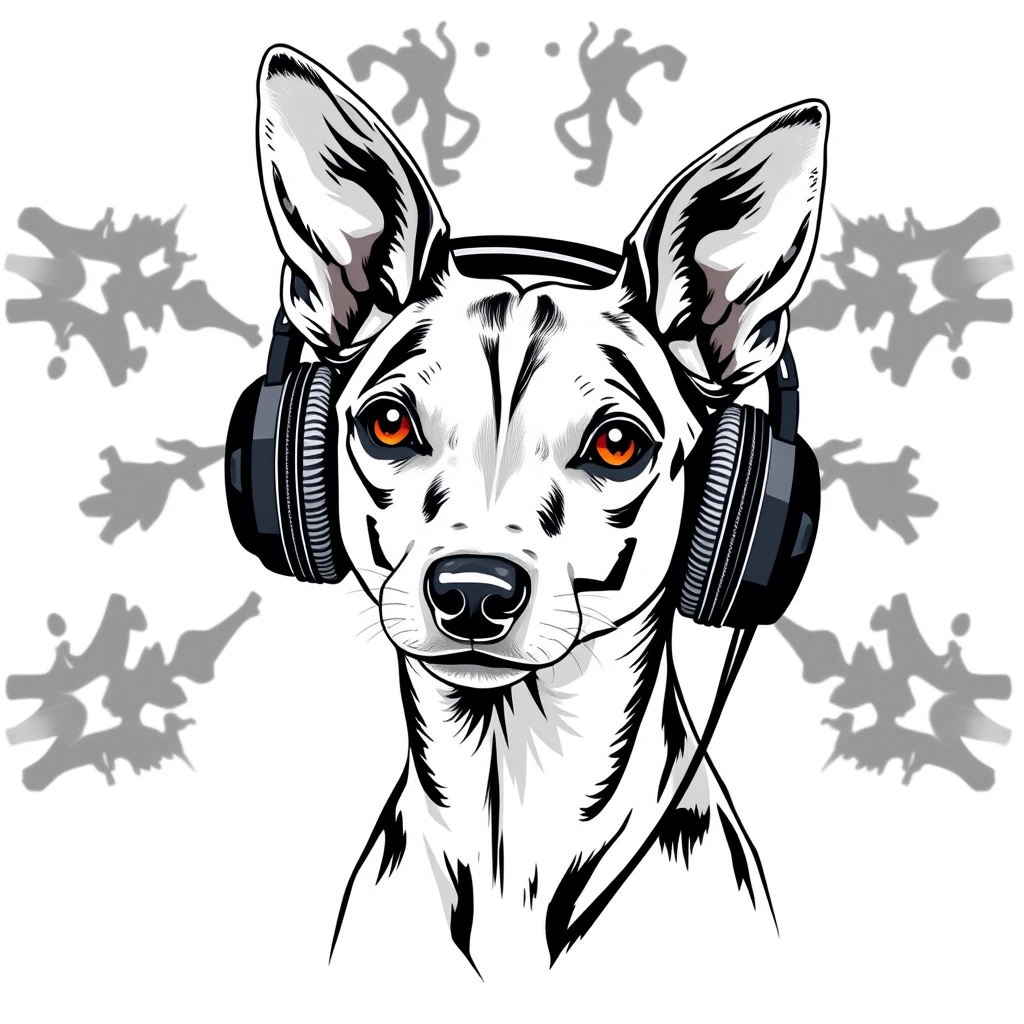 Whippet with headphones, Rorschach style, clean, simple, white background, professional tshirt design vector - Image