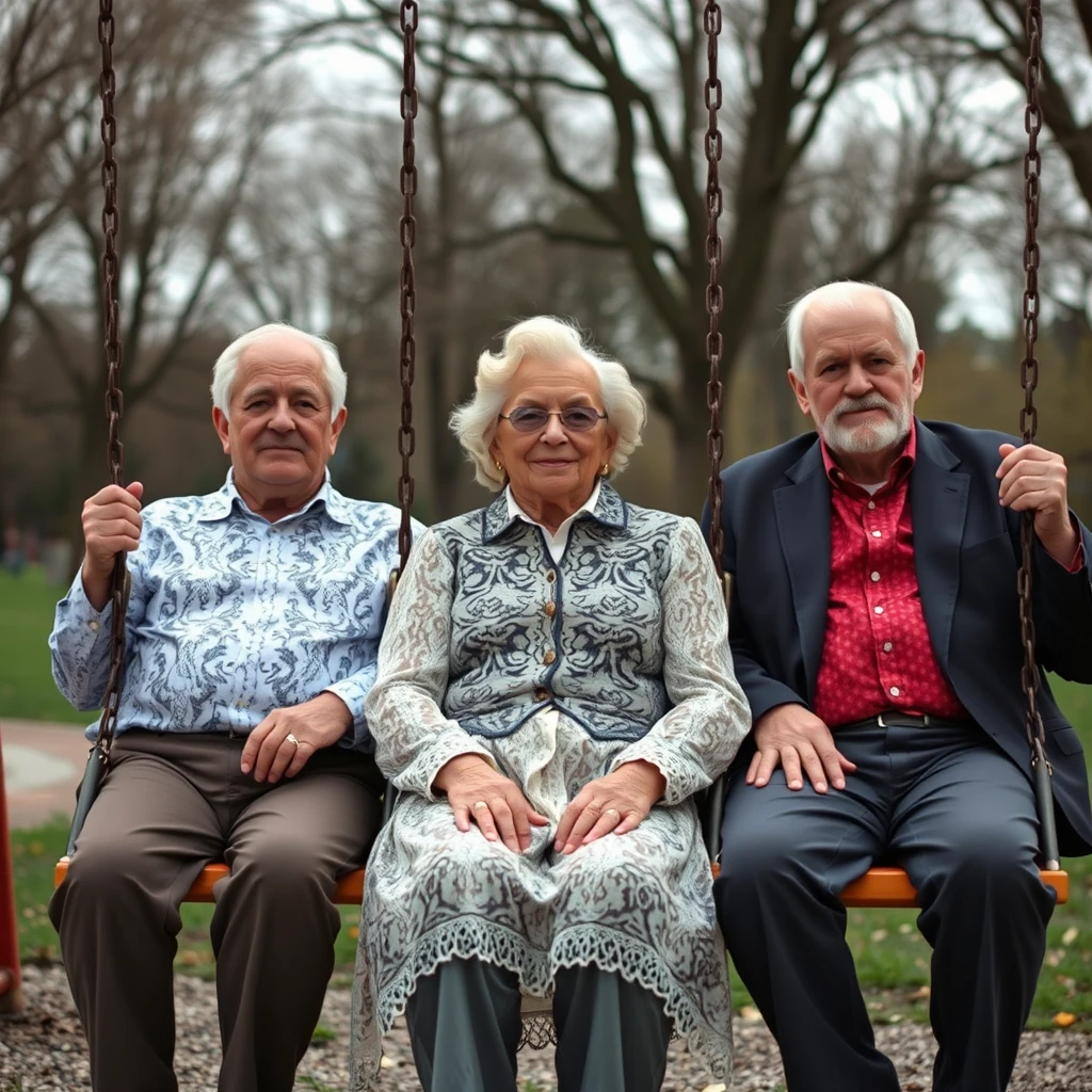 3 larger older men in the park on swings wearing lace women's clothes. - Image