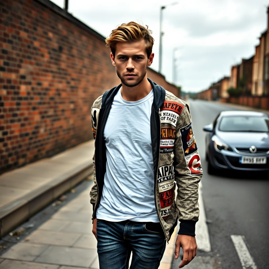 Jamie Dornan head and body shot, handsome, young, serious face, white T-shirt, collage jacket, skinny jeans, sneakers, walking hot style, near road, hyper realistic, street photography, brick wall, full body photo. - Image