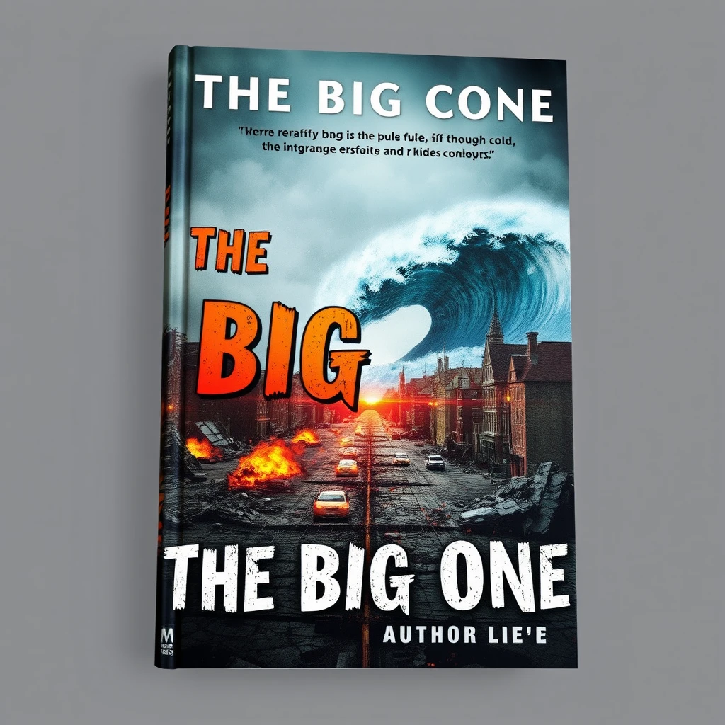 Detailed plain book cover with title, subtitle, and author names. The cover features a dramatic depiction of a crumbling space receding in a city engulfed in flames. Broken and cracked roads and buildings add to the apocalyptic atmosphere. A tsunami wave looms in the background, emphasizing the devastation caused by the earthquake. Its title is "The Big One". The book title, "The Big One," is displayed in bold, distressed, and jagged font, conveying a sense of urgency and chaos. The author's name is presented in a contrasting, clean, and modern font at the bottom of the cover. The visual elements are placed in a dynamic and asymmetrical arrangement, creating a sense of movement and chaos. The title is positioned prominently at the top, while the author's name is placed at the bottom, allowing the cover art to take center stage.